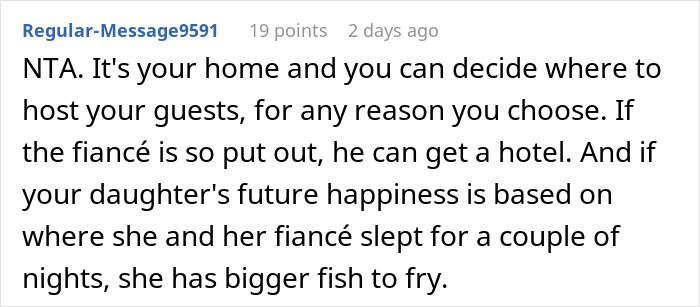 Comment discussing a man prioritizing his miniature wargaming studio over his daughter and her fianc&eacute;'s accommodation.