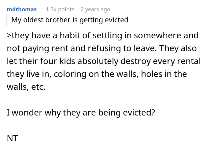 Screenshot of a Reddit comment about siblings turning on sister after she refuses to turn her home into a shelter.