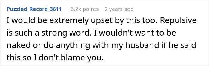 Screenshot of an online comment discussing a man admitting he found his wife repulsive on their first date and its impact.