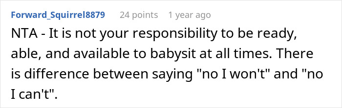 Reddit comment explaining refusal to babysit kids during emergency due to being under the influence, sister is upset. Reddit comment explaining refusal to babysit kids during emergency due to being under the influence, sister is upset.