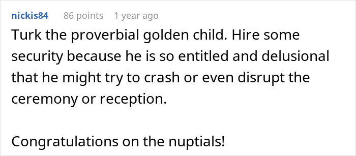 Comment discussing the brother&rsquo;s wedding and concerns about inviting a homewrecker bro, related to family drama.