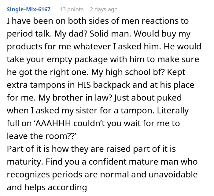 Text post about experiences with men and period pads, tissues, and reactions to period talks in relationships. Text post about experiences with men and period pads, tissues, and reactions to period talks in relationships.