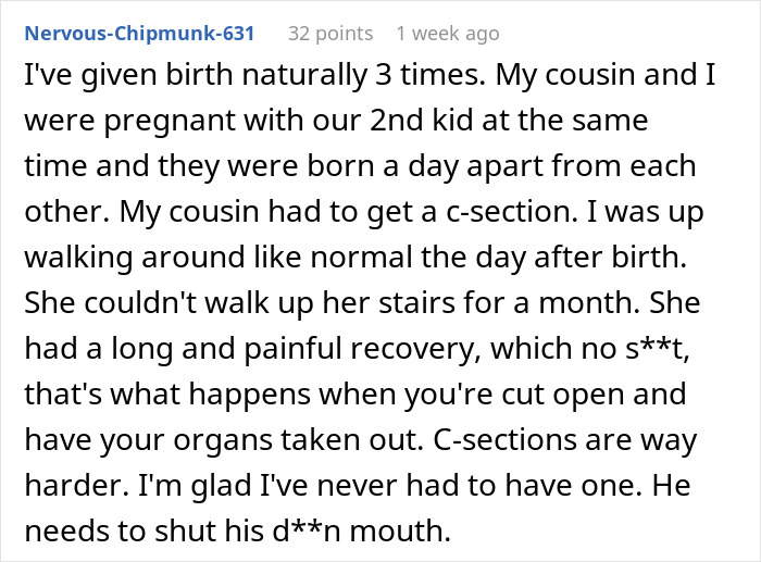 Comment text describing a woman&rsquo;s traumatic birth experience and criticism of her boyfriend&rsquo;s view on the recovery process.