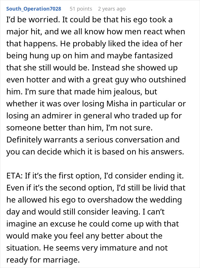 Text excerpt discussing husband's jealousy over a girl he led on, relating to issues at a wedding and marriage readiness.