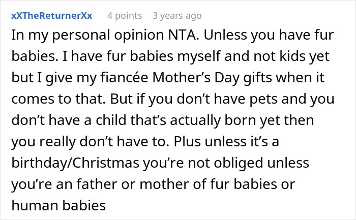 Text excerpt discussing a man refusing to consider his pregnant wife a mom or give her a Mother&rsquo;s Day gift.