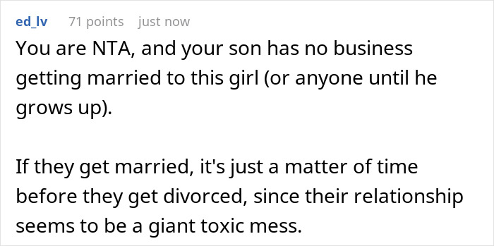 Reddit comment highlighting wedding drama after groom fails fianc&eacute;e loyalty test and facing parental funding refusal.