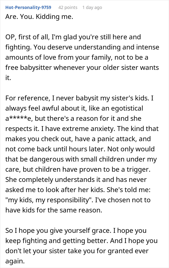 Reddit comment offering support about being too depressed to babysit due to anxiety and setting boundaries with family.