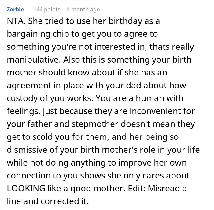 Comment discussing a teen refusing to be a birthday gift for stepmother and issues with custody and feelings.