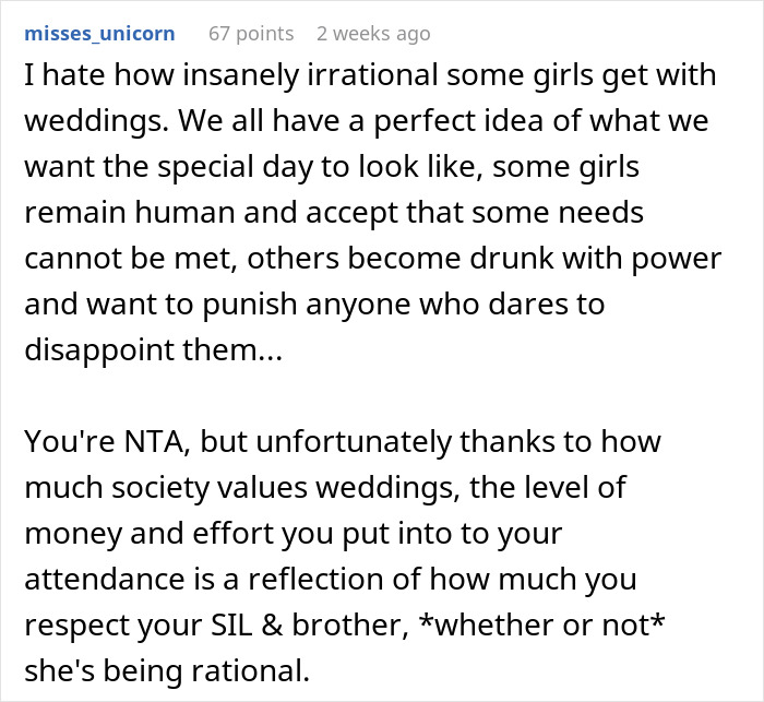 Comment discussing woman refusing to wear a wig at brother's wedding and societal pressures on weddings. Comment discussing woman refusing to wear a wig at brother's wedding and societal pressures on weddings.