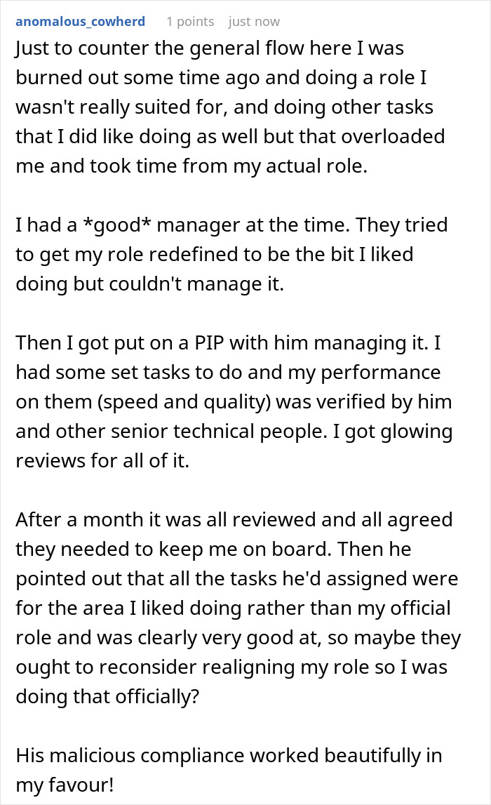 Text post discussing an employee&rsquo;s experience with a manager, addressing baseless claims and performance reviews.