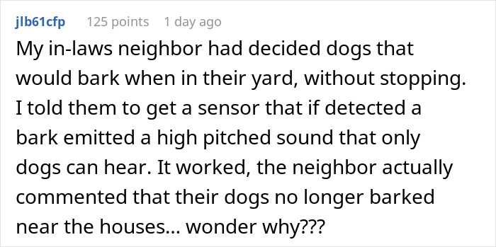 Screenshot of a Reddit comment about a homeowner teaching an inconsiderate neighbor proper dog owner etiquette using a bark sensor.