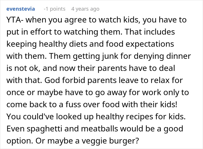 Reddit comment criticizing feeding nieces junk food and stressing the importance of healthy diets and food expectations.