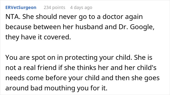 Screenshot of a Reddit comment discussing consequences for a pregnant anti-vaxxer after a best friend ends future playdates.