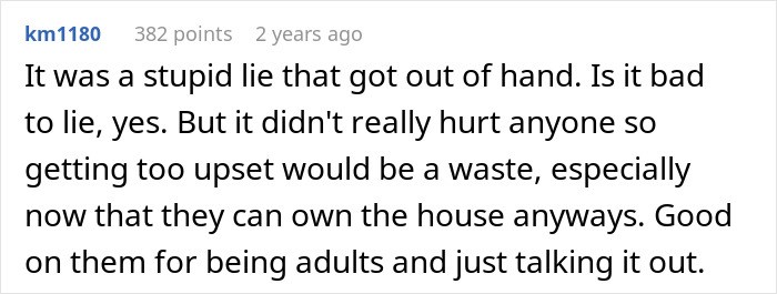 Comment discussing a husband who doesn't know how to come clean about a lie he told 10 years ago.