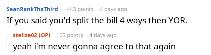 Online discussion showing coworkers disputing after agreeing to split the bill, with one backing out post dining.