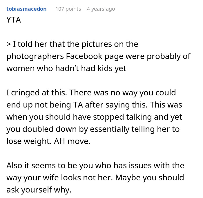 Commenter criticizing husband refusing spicy photoshoot due to wife's extra weight after pregnancy, calling it an AH move. Commenter criticizing husband refusing spicy photoshoot due to wife's extra weight after pregnancy, calling it an AH move.