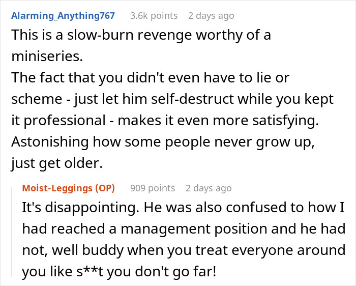 Reddit conversation highlighting satisfying revenge story with slow-burn payoff and professional handling of a longtime grudge. Reddit conversation highlighting satisfying revenge story with slow-burn payoff and professional handling of a longtime grudge.