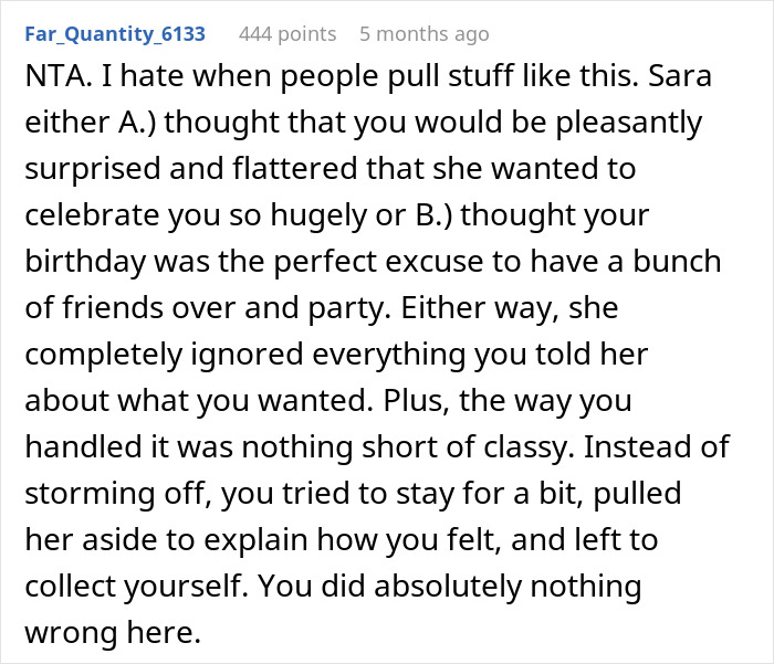 Comment discussing a surprise party with 50 guests thrown by a roommate for an anxious birthday girl who walks out.