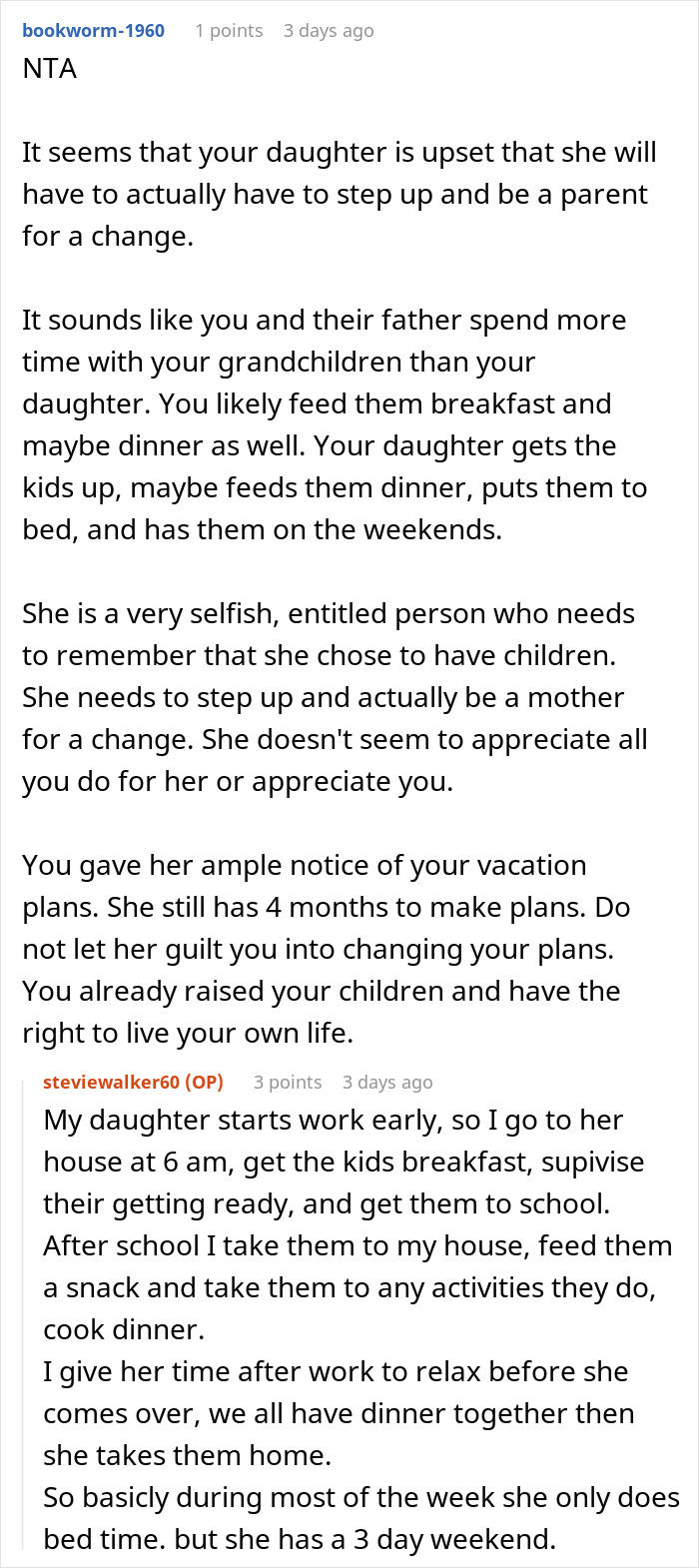Screenshot of an online discussion about a woman upset her mom booked a vacation and won't babysit her two kids.