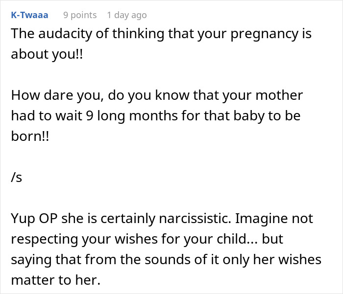 Comment discussing the audacity of a mom stealing her daughter&rsquo;s pregnancy announcement to avoid a gender reveal party.