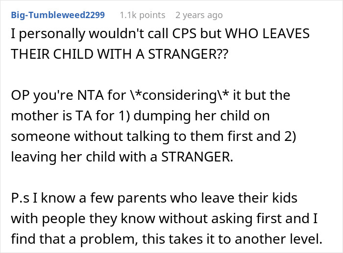 Screenshot of online comment discussing woman abandoning child with stranger roommate, citing work emergency as reason.