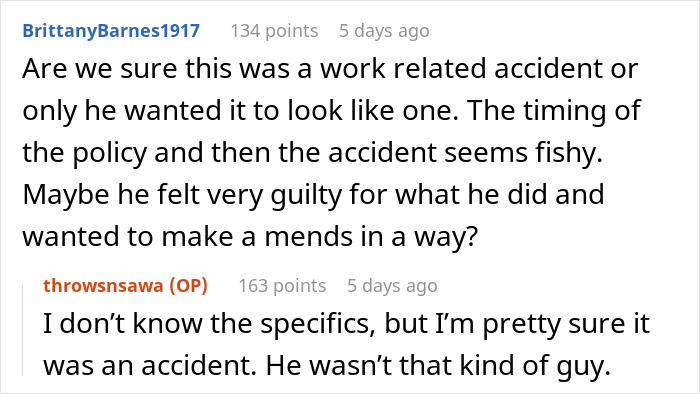 Reddit conversation discussing a woman refusing to give up life insurance policy and asking ex’s family to refinance car. Reddit conversation discussing a woman refusing to give up life insurance policy and asking ex’s family to refinance car.