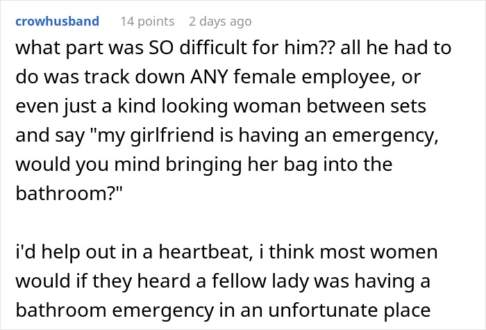 Comment discussing the refusal to provide a period pad and tissues during a bathroom emergency in a relationship conflict. Comment discussing the refusal to provide a period pad and tissues during a bathroom emergency in a relationship conflict.