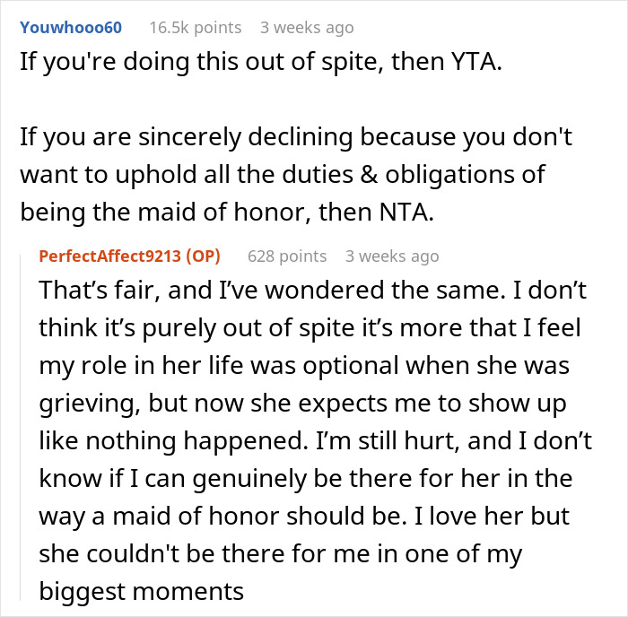 Reddit conversation about maid of honor missing sister&rsquo;s wedding after losing dog and emotional conflict in duties.