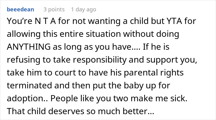 Comment discussing dropping baby off on ex-husband and demanding he take baby every other week in parenting dispute.