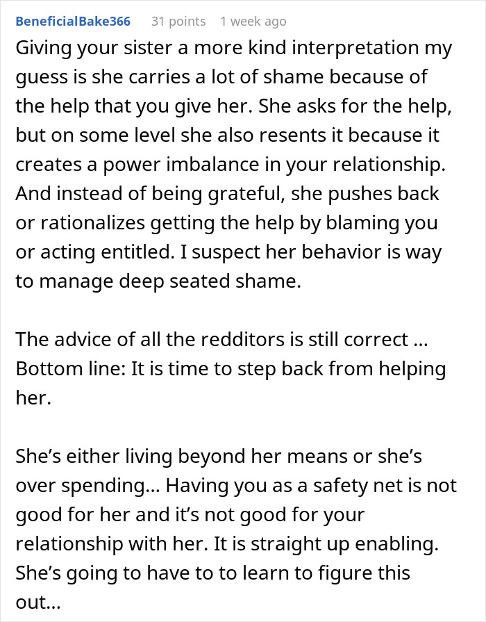 Reddit advice on sister refusing to help with debts, causing resentment and power imbalance in their relationship. Reddit advice on sister refusing to help with debts, causing resentment and power imbalance in their relationship.