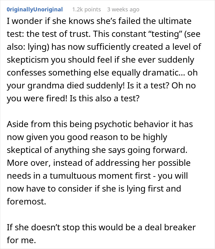 Comment discussing skepticism and trust issues after girlfriend fakes pregnancy as a test of love in a relationship. Comment discussing skepticism and trust issues after girlfriend fakes pregnancy as a test of love in a relationship.