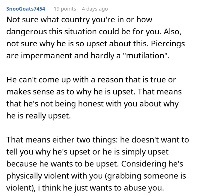 Comment discussing a dad throwing a fit after his wife took their daughter to get her ears pierced. Comment discussing a dad throwing a fit after his wife took their daughter to get her ears pierced.