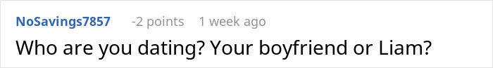 Comment text on a social media post asking to clarify if the person is dating their boyfriend or a friend named Liam.