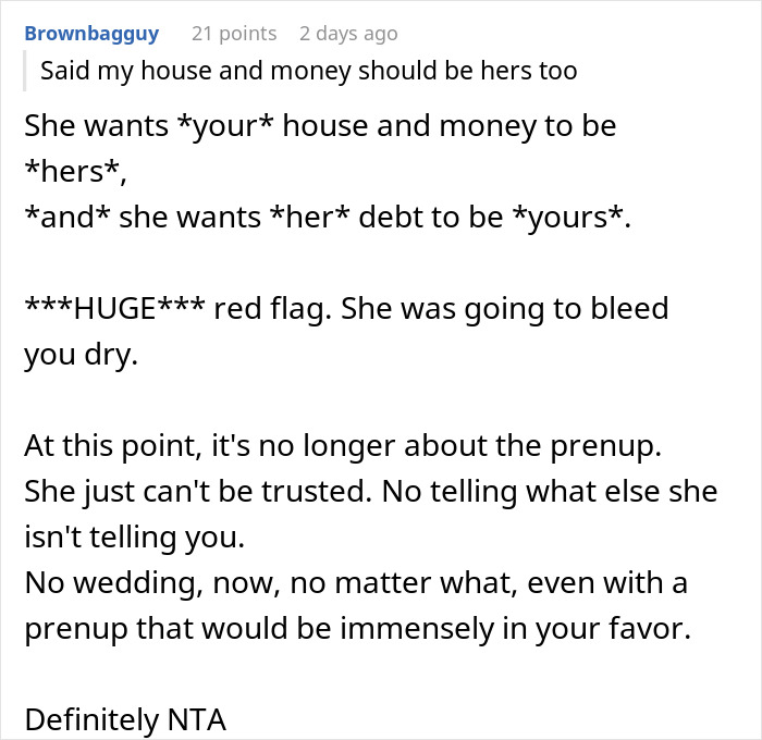 Comment discussing bride-to-be&rsquo;s secret credit card debt leading to prenup being shut down and trust issues raised.