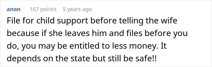Screenshot of anonymous comment advising to file for child support before informing secret wife to secure financial entitlement.