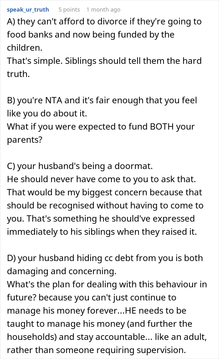 Text post with a Reddit user discussing issues about wife refusing to support husband&rsquo;s mom after job loss and family reactions.