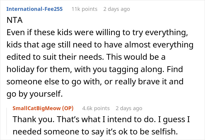 Screenshot of a Reddit conversation about a man planning a life-changing trip after cancer and dealing with picky kids.
