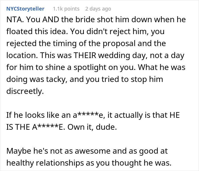 Reddit comment discussing stopping boyfriend's proposal at best friend's wedding, focusing on timing and respect issues.