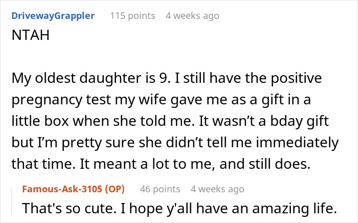 Screenshot of a Reddit conversation about a woman surprising her husband with a pregnancy test as a gift. Screenshot of a Reddit conversation about a woman surprising her husband with a pregnancy test as a gift.