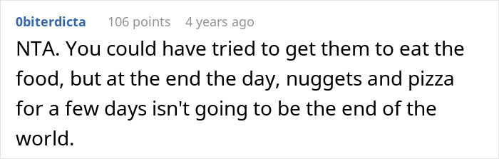 Screenshot of a forum comment discussing feeding nieces junk food like nuggets and pizza for three days.