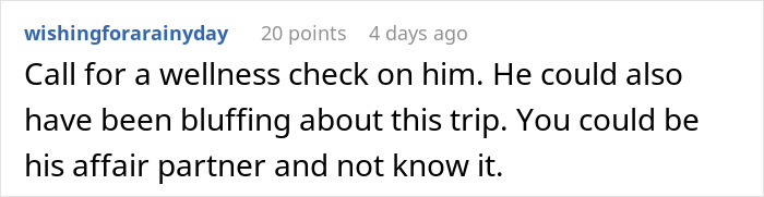 Comment on Reddit discussing a woman planning a vacation with her boyfriend and his sudden disappearance before the flight.