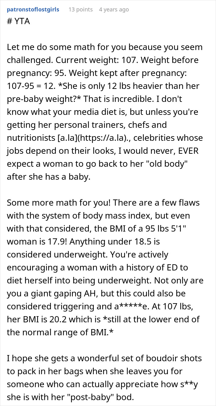 Comment discussing husband refusing wife's spicy photoshoot due to 12 extra pounds after pregnancy weight gain. Comment discussing husband refusing wife's spicy photoshoot due to 12 extra pounds after pregnancy weight gain.