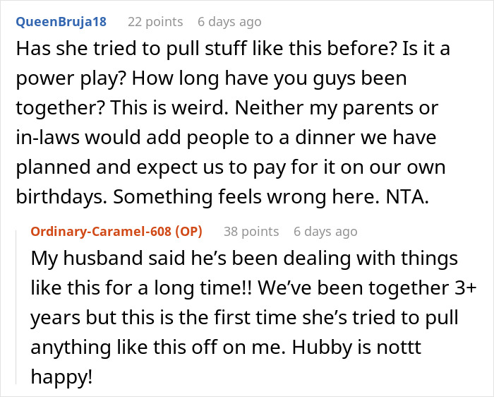 Reddit comments discussing a MIL surprising son on birthday, expecting DIL to pay for 8 people at fancy restaurant.