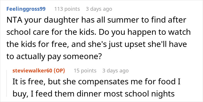 Reddit conversation about a woman surprised her mom booked a vacation and won't babysit her two kids.
