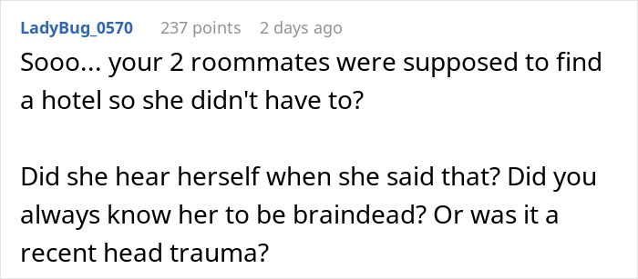Screenshot of a user comment questioning roommates in a conversation about asking roommates to leave.