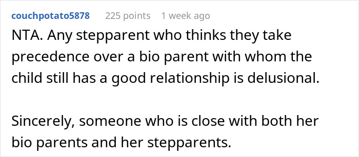 Reddit comment discussing stepparent conflict after teenager invites biological mom to graduation instead of stepmom.