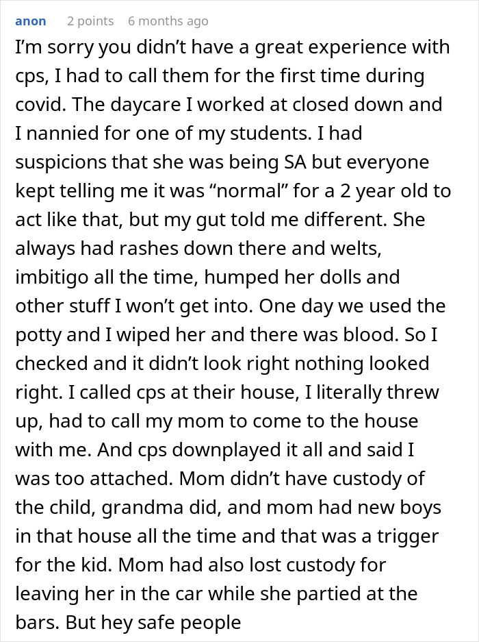 Comment about babysitter's heartbreak over kids' living conditions and experience calling CPS during suspected child abuse.