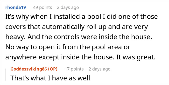 Comment discussing installing an automatic pool cover with indoor controls to prevent unauthorized pool use.