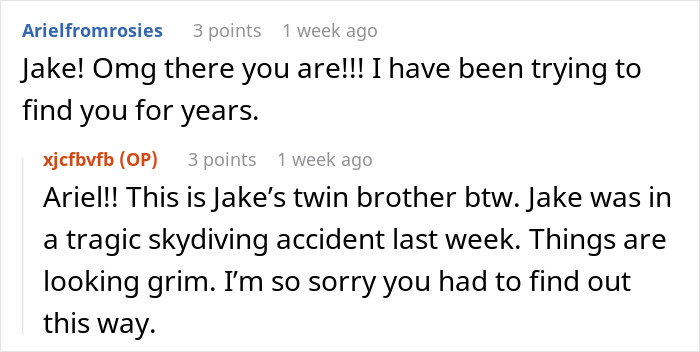 Online conversation showing a person pretending to have a twin brother to ghost a girl in a text exchange. Online conversation showing a person pretending to have a twin brother to ghost a girl in a text exchange.