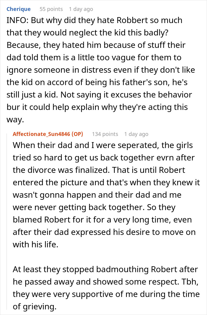 Screenshot of a Reddit thread discussing a mom blowing up at daughters over their treatment of half-brother Robert.